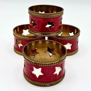 Brass and Red Enamel Napkin Rings With Star Cutouts- Set of 4
